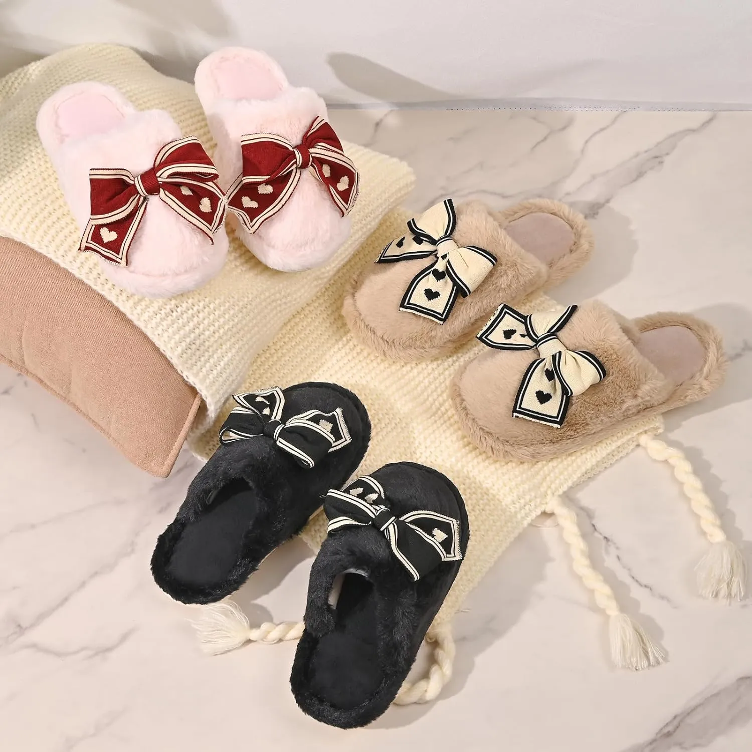 Fuzzy Knitted Bow Slippers for Women, Winter Bedroom Warm Fur Lined Slippers with Anti-Skid Sole, Cozy House Home Slip-On Shoes