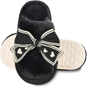 Fuzzy Knitted Bow Slippers for Women, Winter Bedroom Warm Fur Lined Slippers with Anti-Skid Sole, Cozy House Home Slip-On Shoes