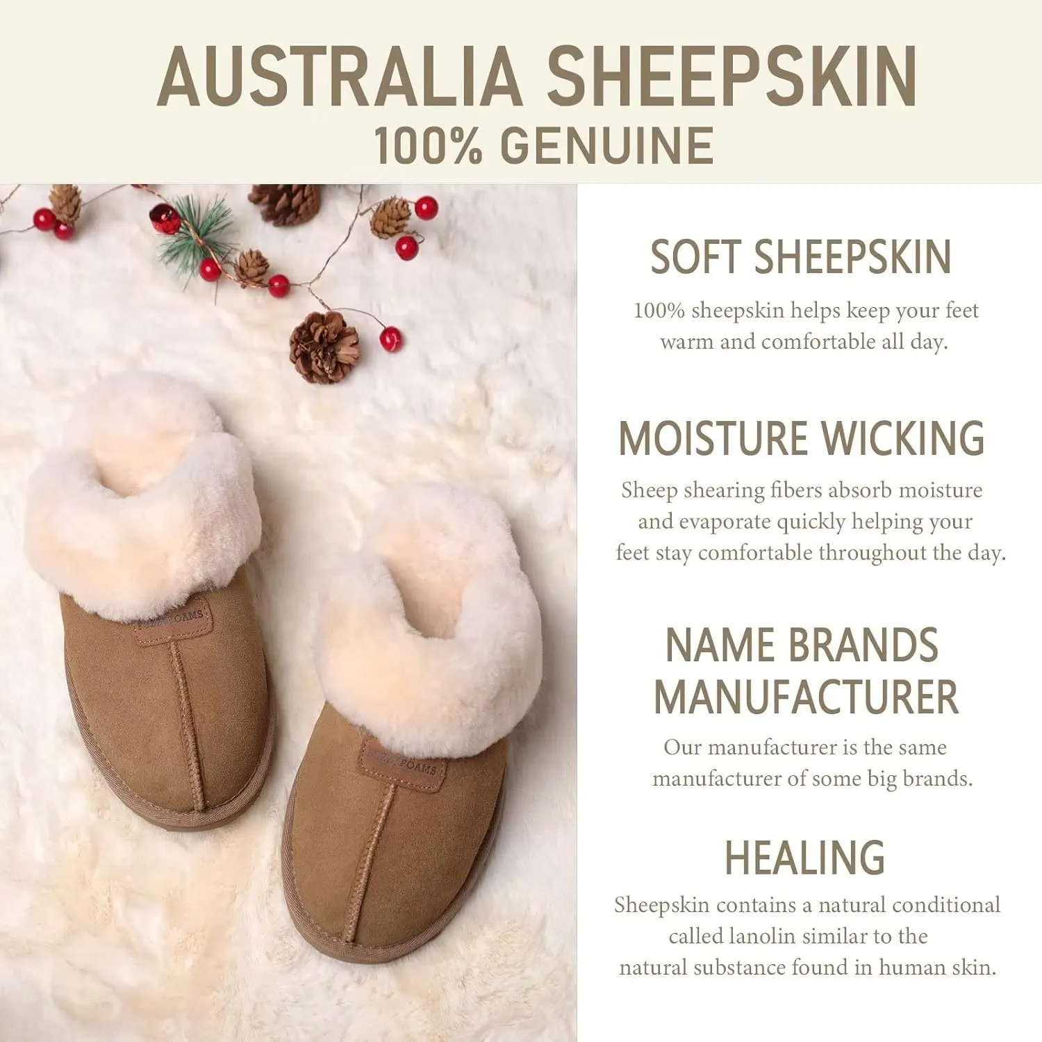 FUZZYFOAMS Genuine Australian Sheepskin Women Slippers Memory Foam Shearling Slipper Water Resistant Warm and Fluffy Indoor Outdoor House Shoes