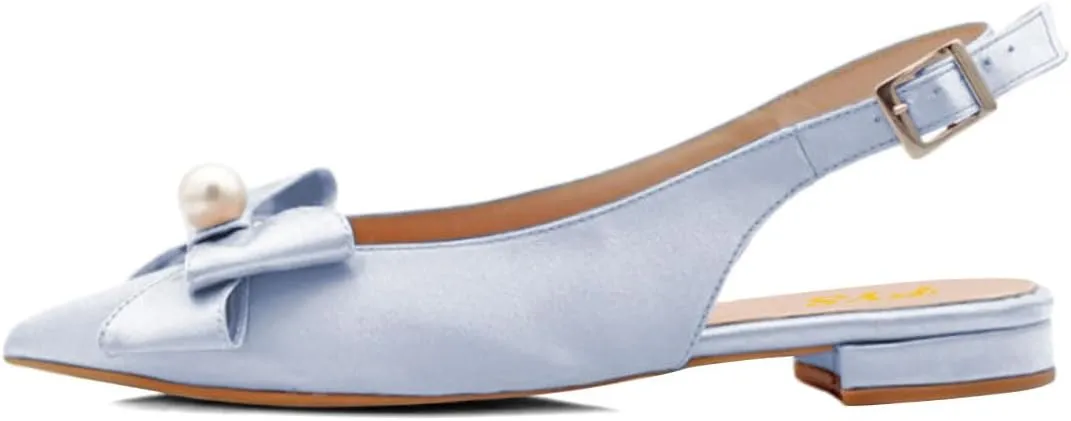 FYS Women Pearl Bow Pointed Toe Pumps Slip on Flat Singbacks Comfortable Wedding Prom Daily Shoes Size 4-16 US
