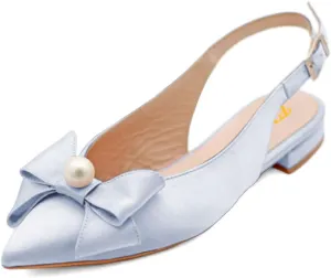 FYS Women Pearl Bow Pointed Toe Pumps Slip on Flat Singbacks Comfortable Wedding Prom Daily Shoes Size 4-16 US