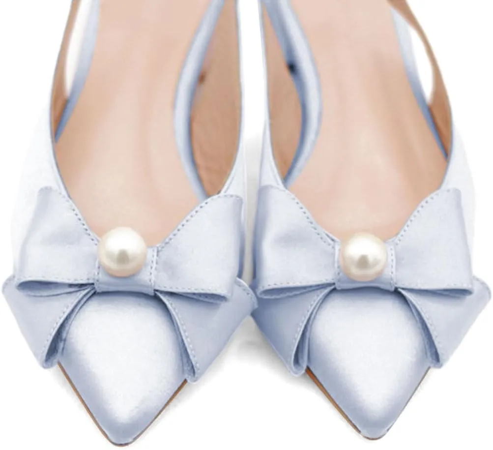 FYS Women Pearl Bow Pointed Toe Pumps Slip on Flat Singbacks Comfortable Wedding Prom Daily Shoes Size 4-16 US