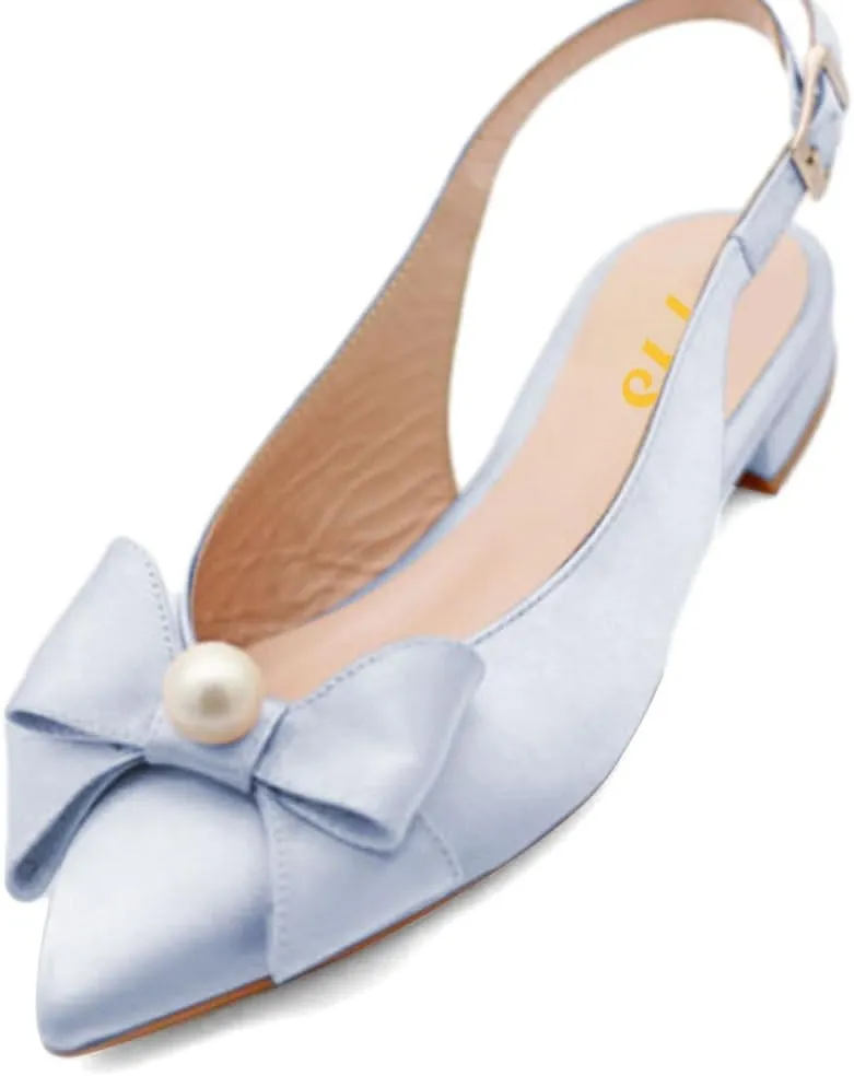 FYS Women Pearl Bow Pointed Toe Pumps Slip on Flat Singbacks Comfortable Wedding Prom Daily Shoes Size 4-16 US