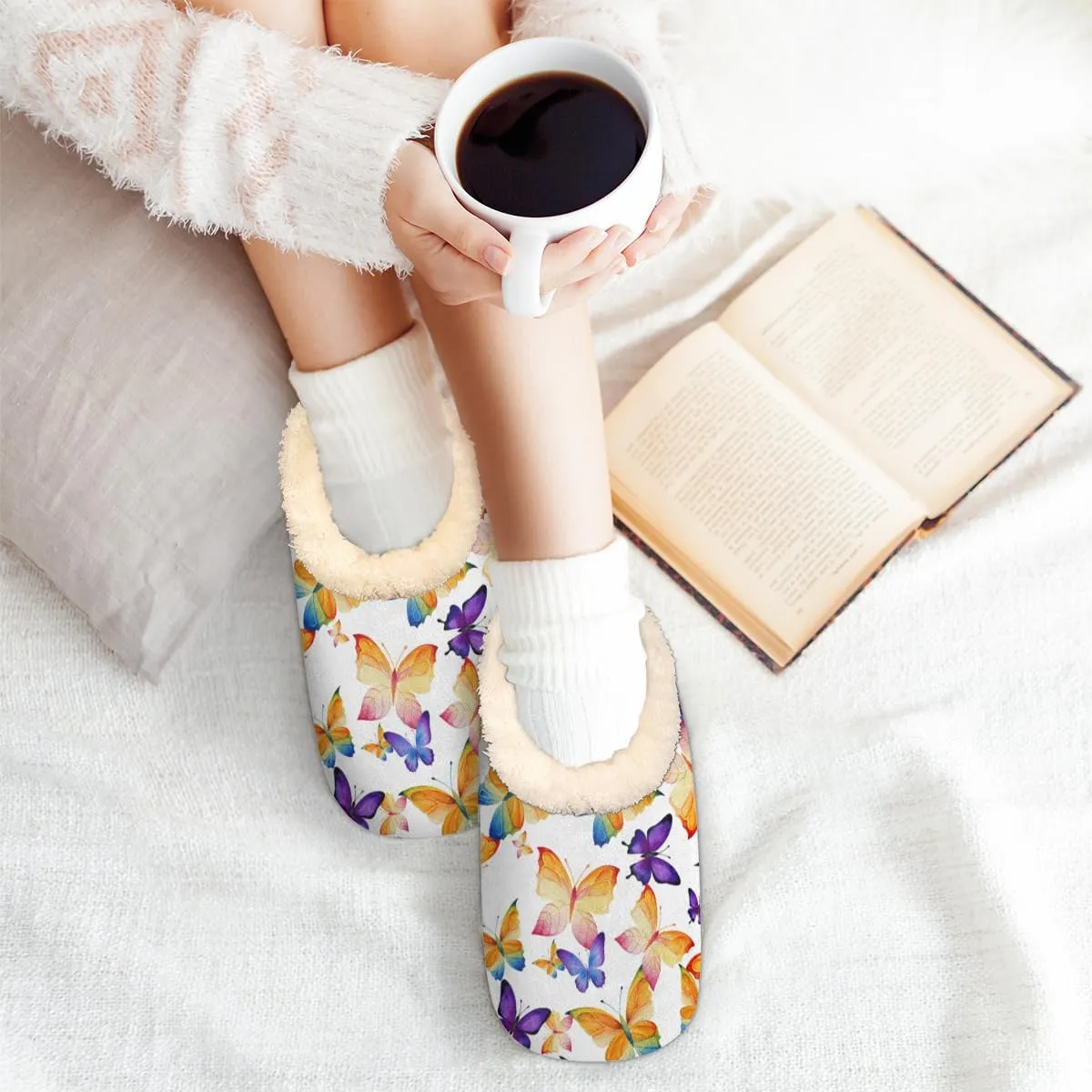 Geometric Cactus Floral Slippers for Women， Soft Cozy Warm Fuzzy Memory Foam House Slippers， Non Slip Closed Back Winter Comfy Plush Ladies House Shoes for Indoor Bedroom