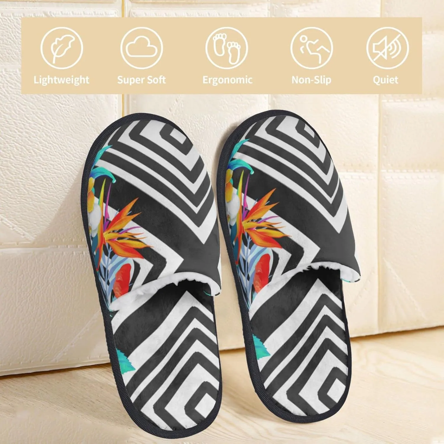 Geometric Floral Pattern Daisies Unisex Slip On House Slippers Closed Toe Indoor Home Slipper For Men Women Comfy Cozy Soft Non-Slip Bedroom Slippers Houseshoes