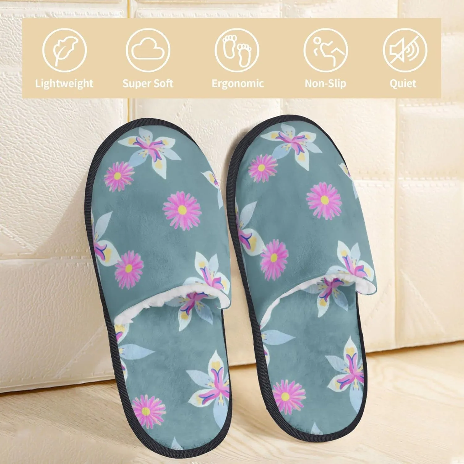 Geometric Floral Pattern Daisies Unisex Slip On House Slippers Closed Toe Indoor Home Slipper For Men Women Comfy Cozy Soft Non-Slip Bedroom Slippers Houseshoes