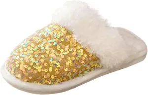 GIBZ Women's House Sequins Glitter Slippers Winter Fuzzy Slipper Fluffy Plush Closed Toe Warm Shoes for Indoor Outdoor Yellow