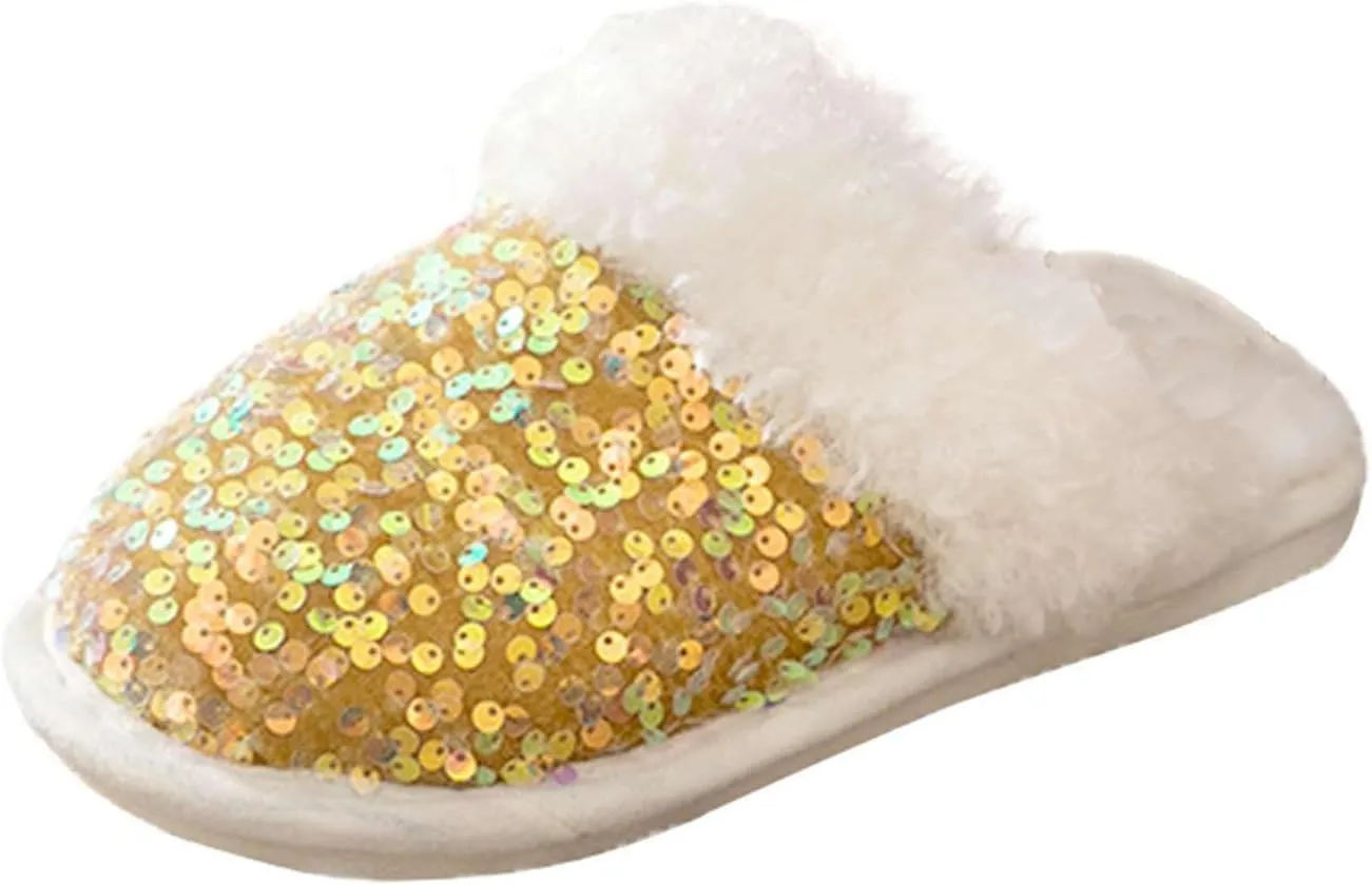 GIBZ Women's House Sequins Glitter Slippers Winter Fuzzy Slipper Fluffy Plush Closed Toe Warm Shoes for Indoor Outdoor Yellow