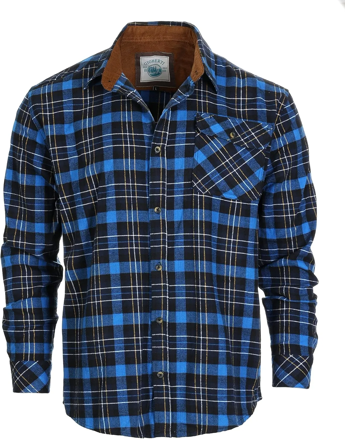 Gioberti Men's Brushed Flannel 100% Cotton Plaid Checkered Shirt with Corduroy Contrast