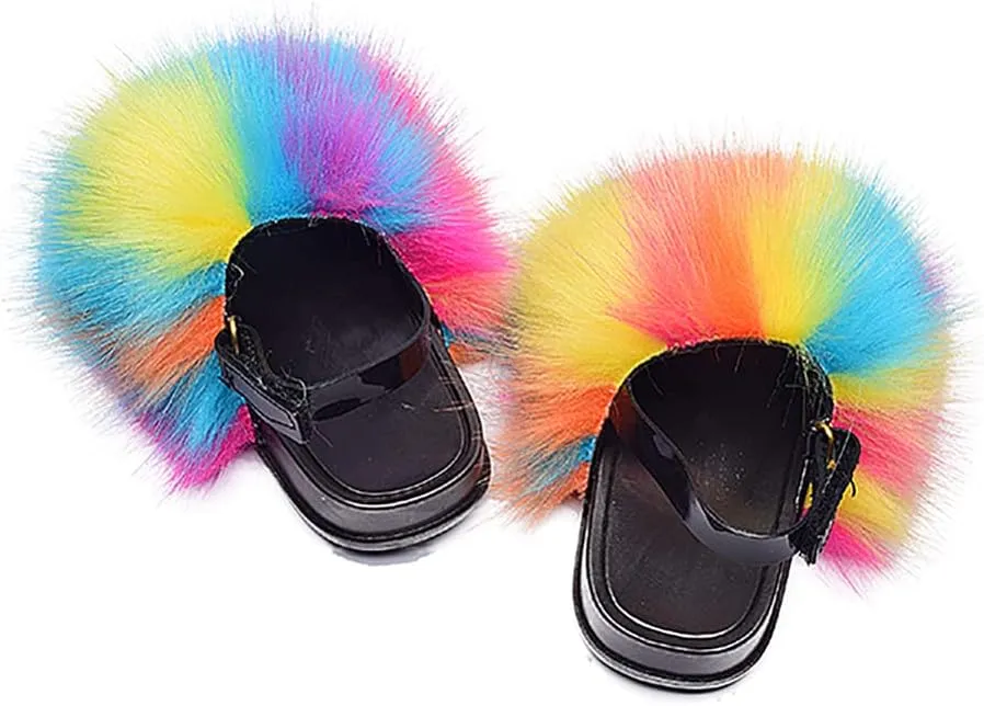 Girls Faux Fur Slides Colorful Toddler Slippers Furry Sandals Shoes with Elastic Back Strap