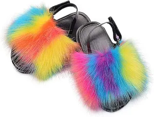 Girls Faux Fur Slides Colorful Toddler Slippers Furry Sandals Shoes with Elastic Back Strap