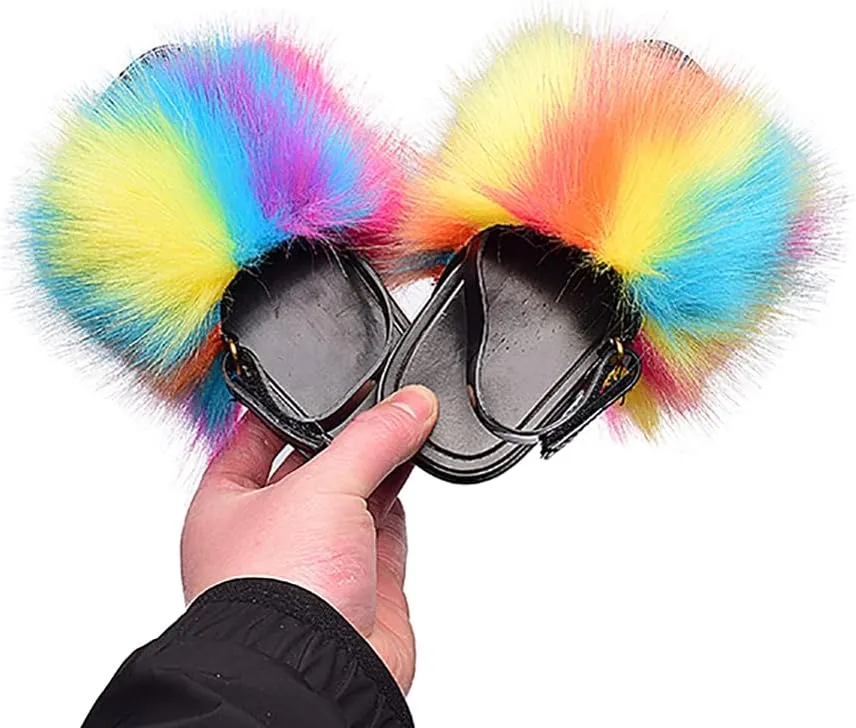 Girls Faux Fur Slides Colorful Toddler Slippers Furry Sandals Shoes with Elastic Back Strap