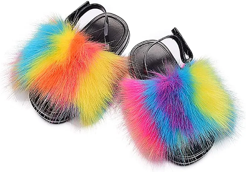 Girls Faux Fur Slides Colorful Toddler Slippers Furry Sandals Shoes with Elastic Back Strap