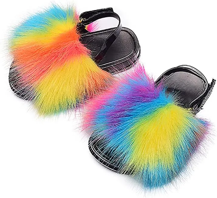 Girls Faux Fur Slides Colorful Toddler Slippers Furry Sandals Shoes with Elastic Back Strap
