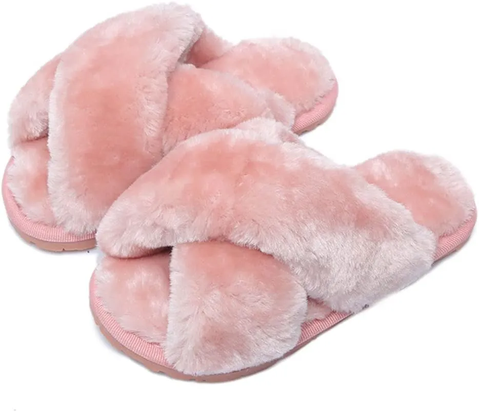 Girls Fluffy Cute Fuzzy Slippers - Open Toe Warm Fur Slides Cross Band Plush Slip on House Indoor Slippers