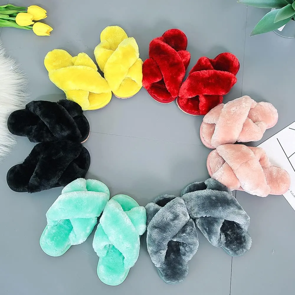 Girls Fluffy Cute Fuzzy Slippers - Open Toe Warm Fur Slides Cross Band Plush Slip on House Indoor Slippers