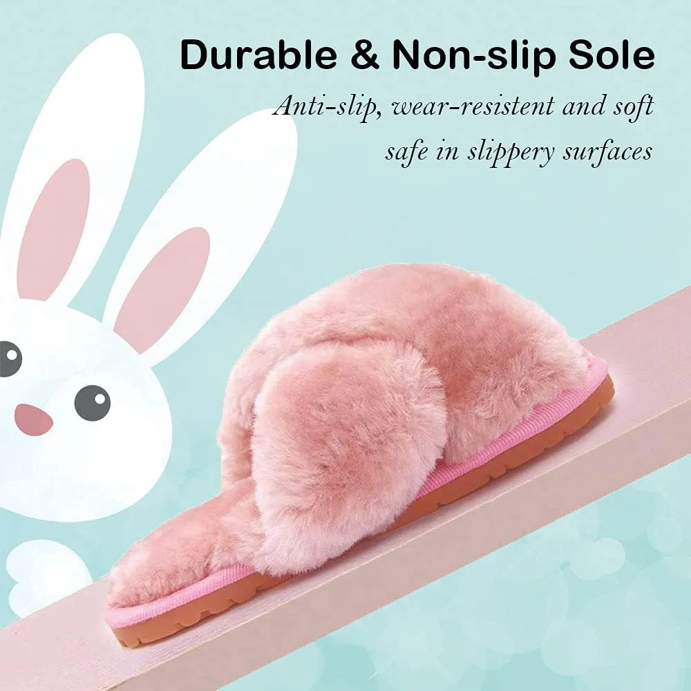 Girls Fluffy Cute Fuzzy Slippers - Open Toe Warm Fur Slides Cross Band Plush Slip on House Indoor Slippers