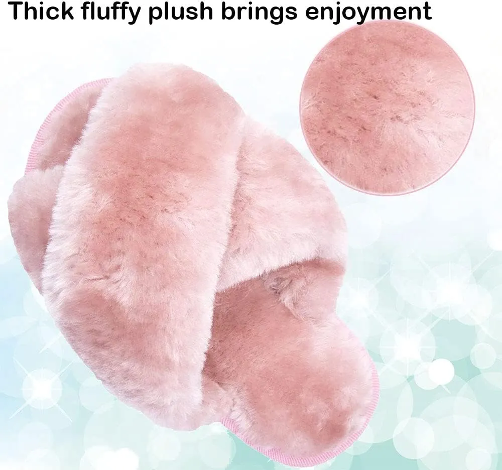 Girls Fluffy Cute Fuzzy Slippers - Open Toe Warm Fur Slides Cross Band Plush Slip on House Indoor Slippers