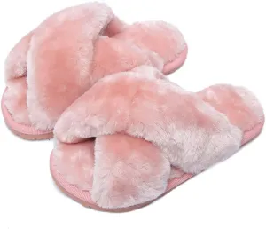 Girls Fluffy Cute Fuzzy Slippers - Open Toe Warm Fur Slides Cross Band Plush Slip on House Indoor Slippers