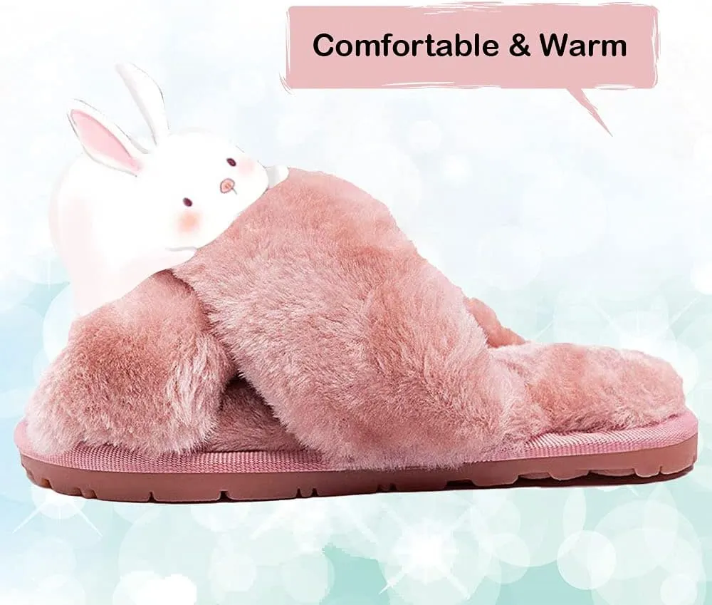 Girls Fluffy Cute Fuzzy Slippers - Open Toe Warm Fur Slides Cross Band Plush Slip on House Indoor Slippers