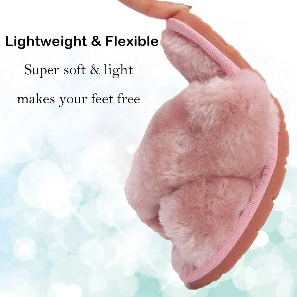 Girls Fluffy Cute Fuzzy Slippers - Open Toe Warm Fur Slides Cross Band Plush Slip on House Indoor Slippers