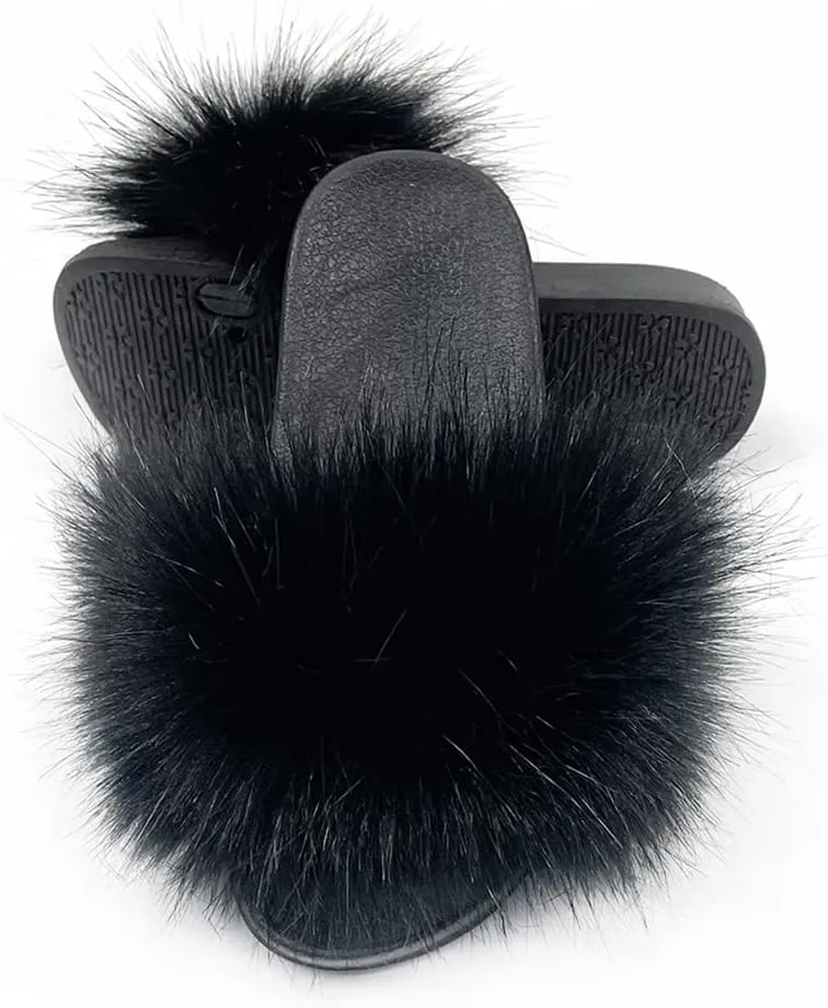 Girls Plush Faux Fur Slippers Fluffy Slip On Summer Open Toe Furry Slides Lovely House Indoor Outdoor Sandals