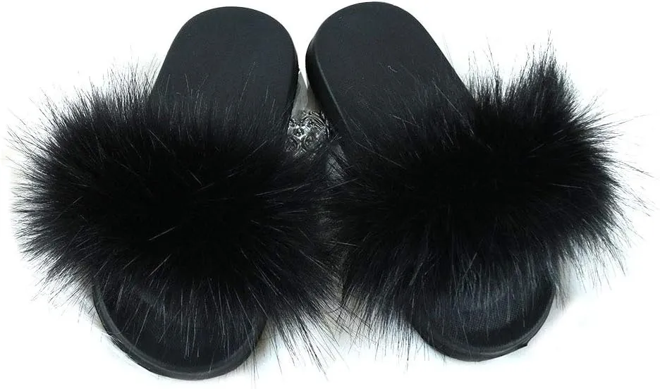 Girls Plush Faux Fur Slippers Fluffy Slip On Summer Open Toe Furry Slides Lovely House Indoor Outdoor Sandals