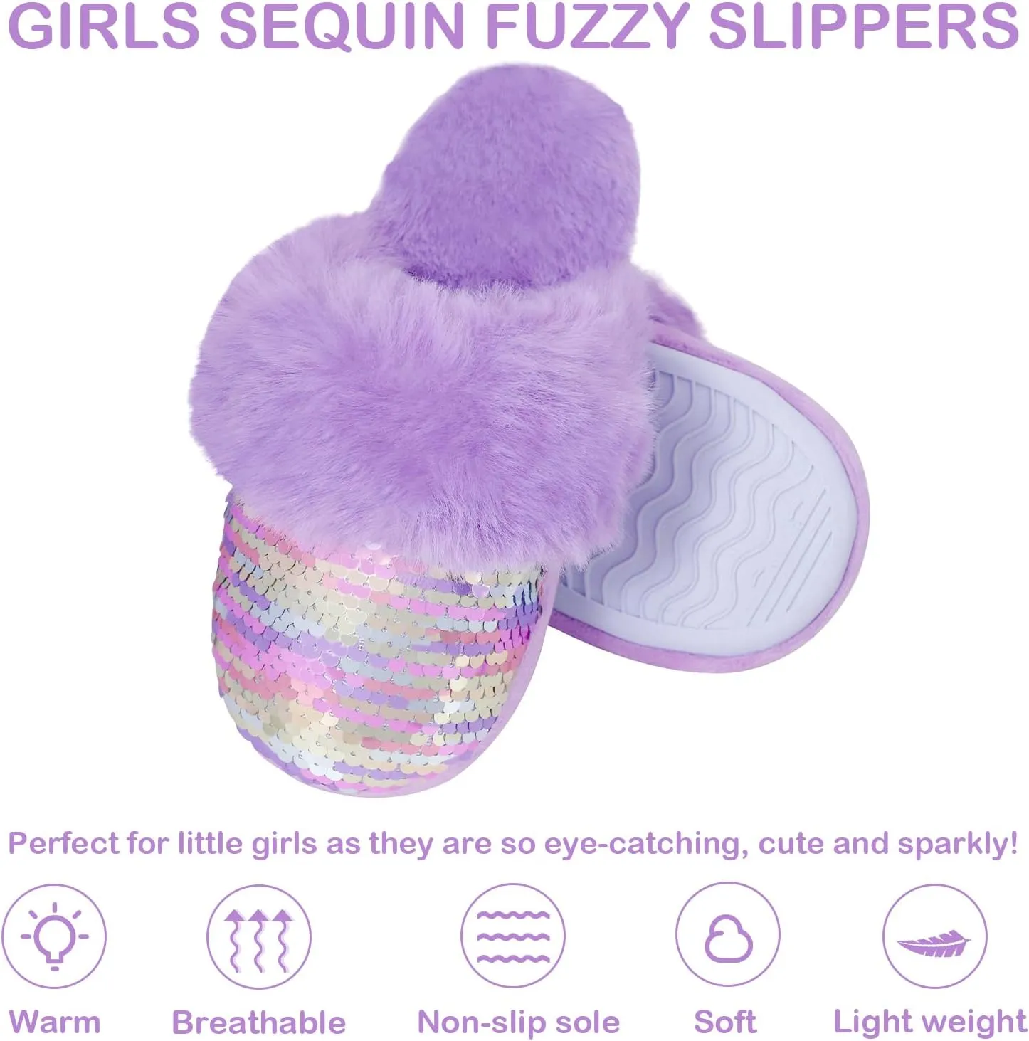 Girls Plush House Slippers Fluffy Sequin Slippers, Cute Faux Fur Slip-on Shoes Memory Foam House Slipper