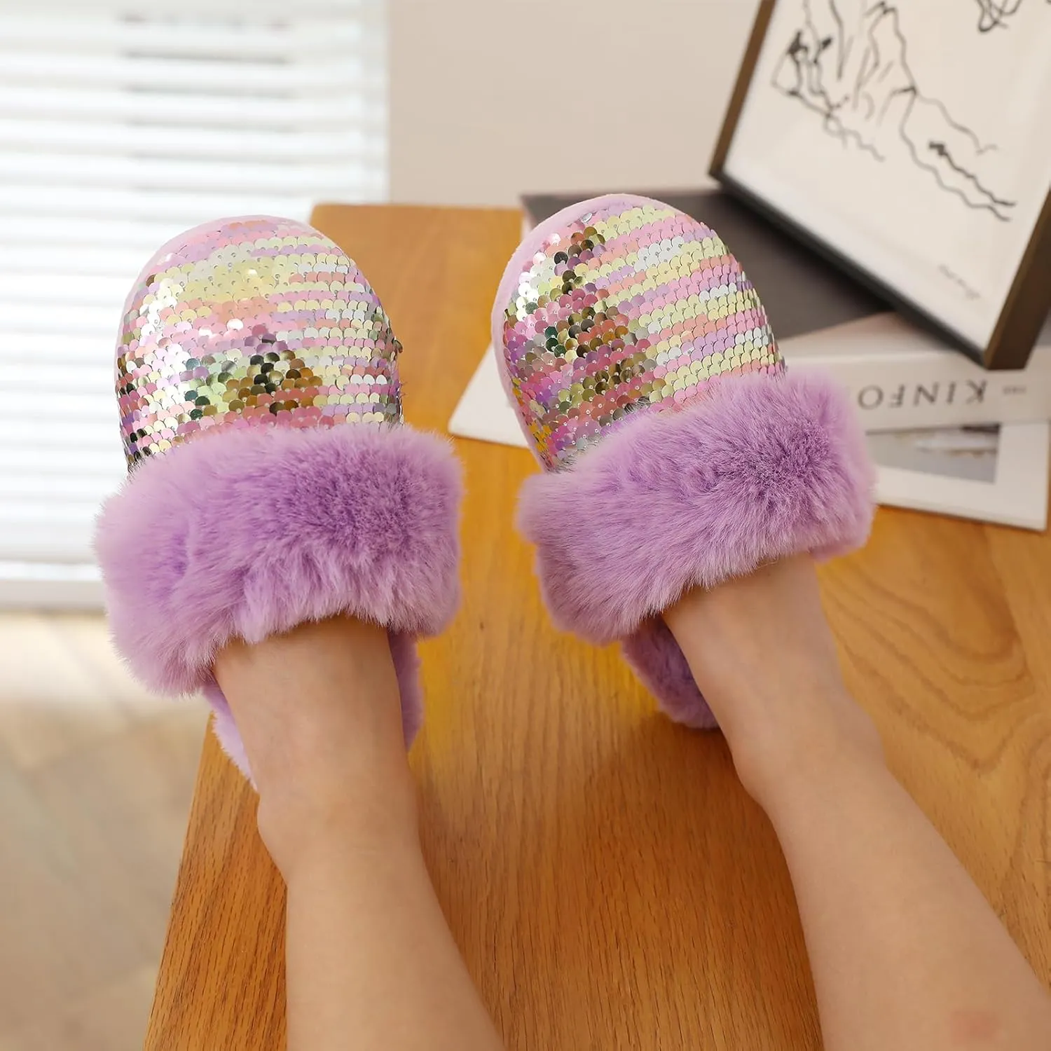 Girls Plush House Slippers Fluffy Sequin Slippers, Cute Faux Fur Slip-on Shoes Memory Foam House Slipper