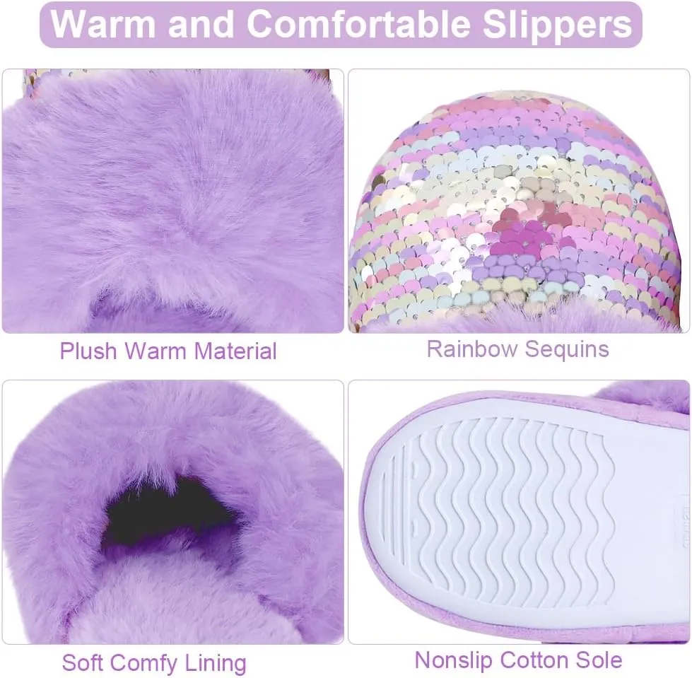Girls Plush House Slippers Fluffy Sequin Slippers, Cute Faux Fur Slip-on Shoes Memory Foam House Slipper