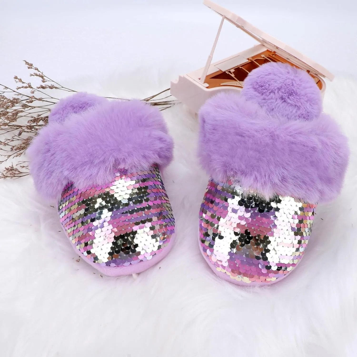 Girls Plush House Slippers Fluffy Sequin Slippers, Cute Faux Fur Slip-on Shoes Memory Foam House Slipper