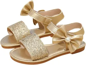 GORGLITTER Girl's Bow Flat Sandals Sequin Sparkly Metallic Open Toe Ankle Strap Vacation Summer Slides Shoes