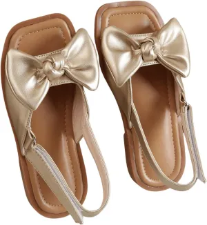 GORGLITTER Girl's Sandals Metallic Bow Flat Sandals Dressy Ankle Strap Cute Summer Wedding Beach Sandals 2025