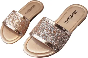 GORGLITTER Girl's Slides Flat Sandals Dressy Metallic Glitter Sparkly Sequin Open Toe Summer Vacation Sandals Slippers
