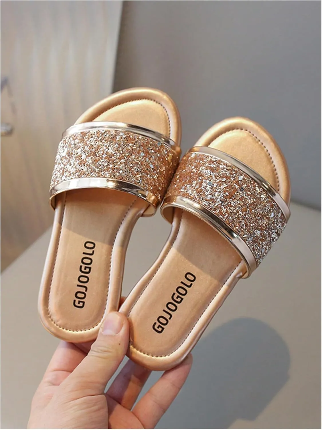 GORGLITTER Girl's Slides Flat Sandals Dressy Metallic Glitter Sparkly Sequin Open Toe Summer Vacation Sandals Slippers