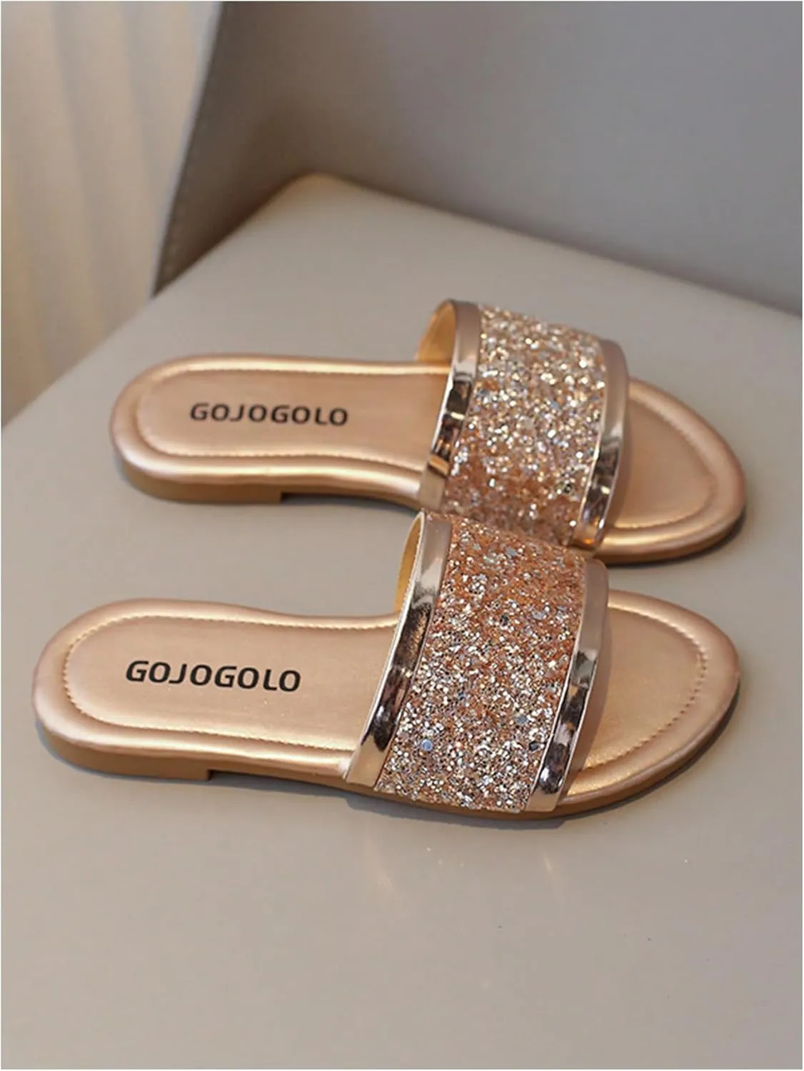 GORGLITTER Girl's Slides Flat Sandals Dressy Metallic Glitter Sparkly Sequin Open Toe Summer Vacation Sandals Slippers