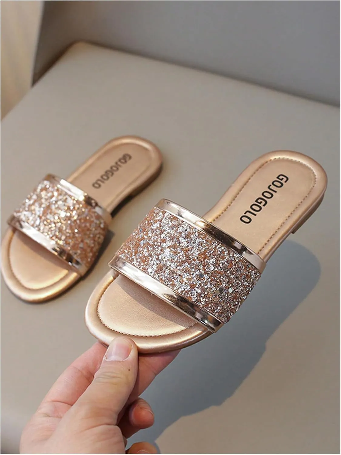 GORGLITTER Girl's Slides Flat Sandals Dressy Metallic Glitter Sparkly Sequin Open Toe Summer Vacation Sandals Slippers