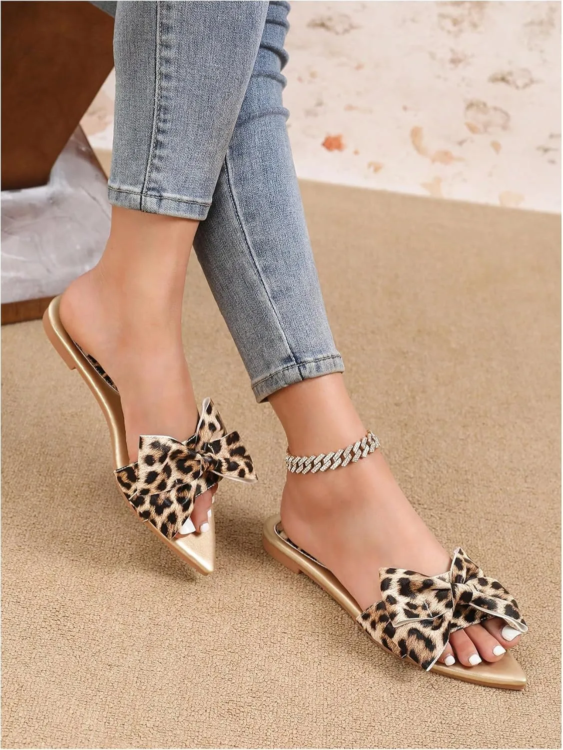 GORGLITTER Women's Bow Flat Sandals Metallic Dressy Point Open Toe Summer Slip on Slide Sandals