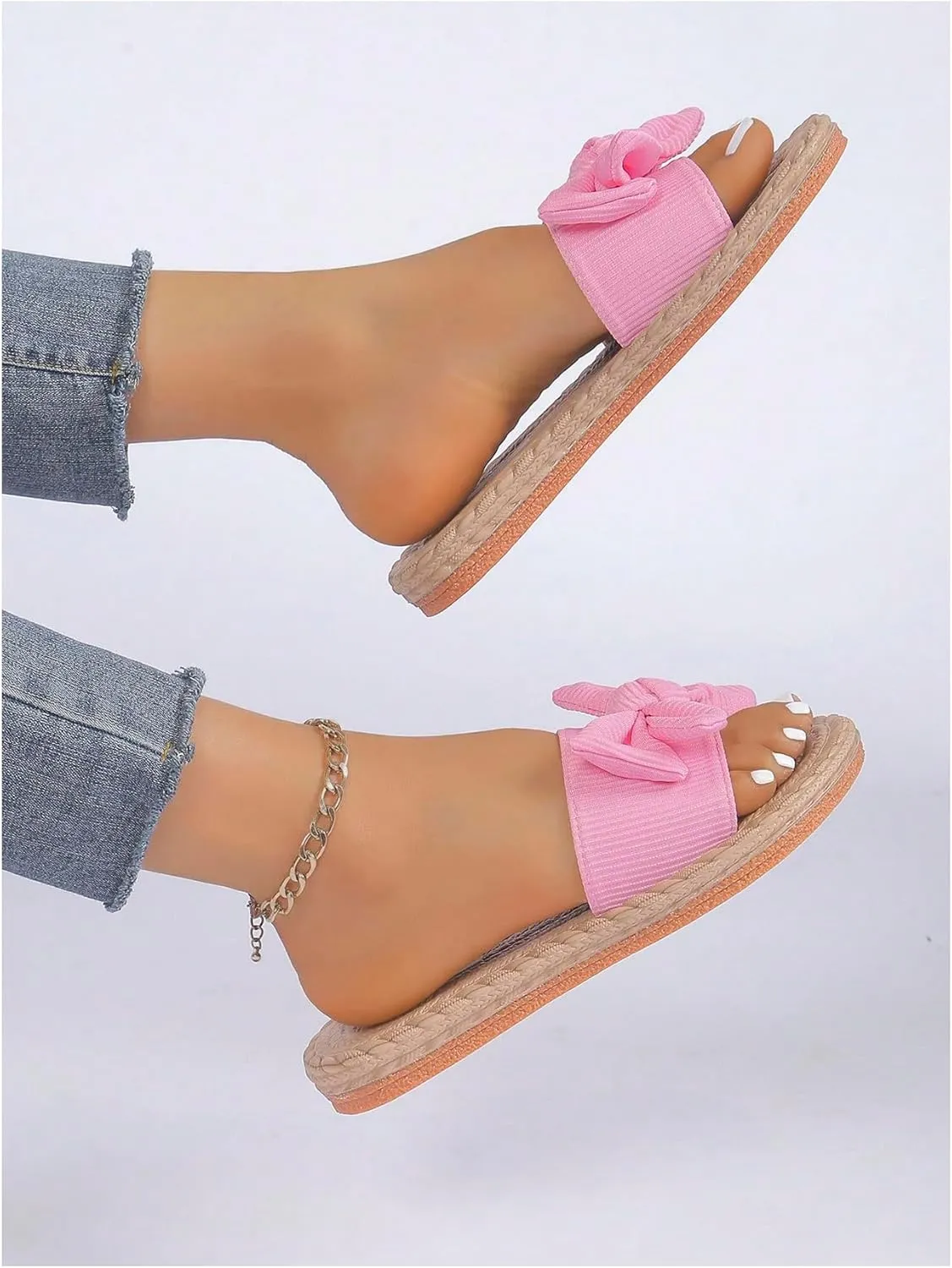 GORGLITTER Women's Bow Flat Sandals Straw Open Toe Dressy Boho Summer Beach Sandals