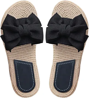 GORGLITTER Women's Bow Flat Sandals Straw Open Toe Dressy Boho Summer Beach Sandals