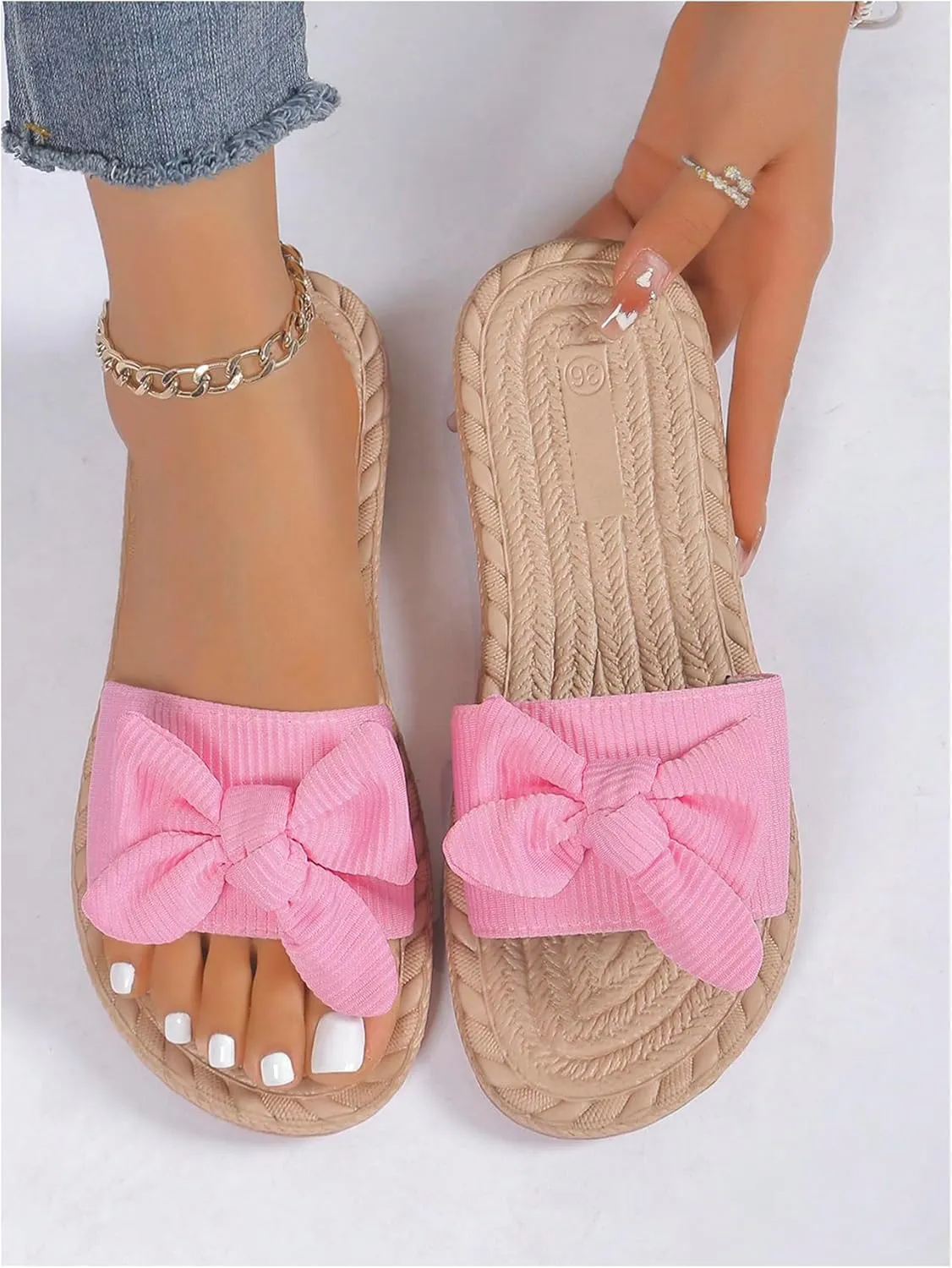 GORGLITTER Women's Bow Flat Sandals Straw Open Toe Dressy Boho Summer Beach Sandals