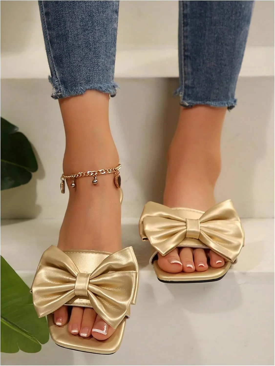 GORGLITTER Women's Bow Metallic Flat Sandals Slip On Square Open Toe PU Leather Slide Sandals