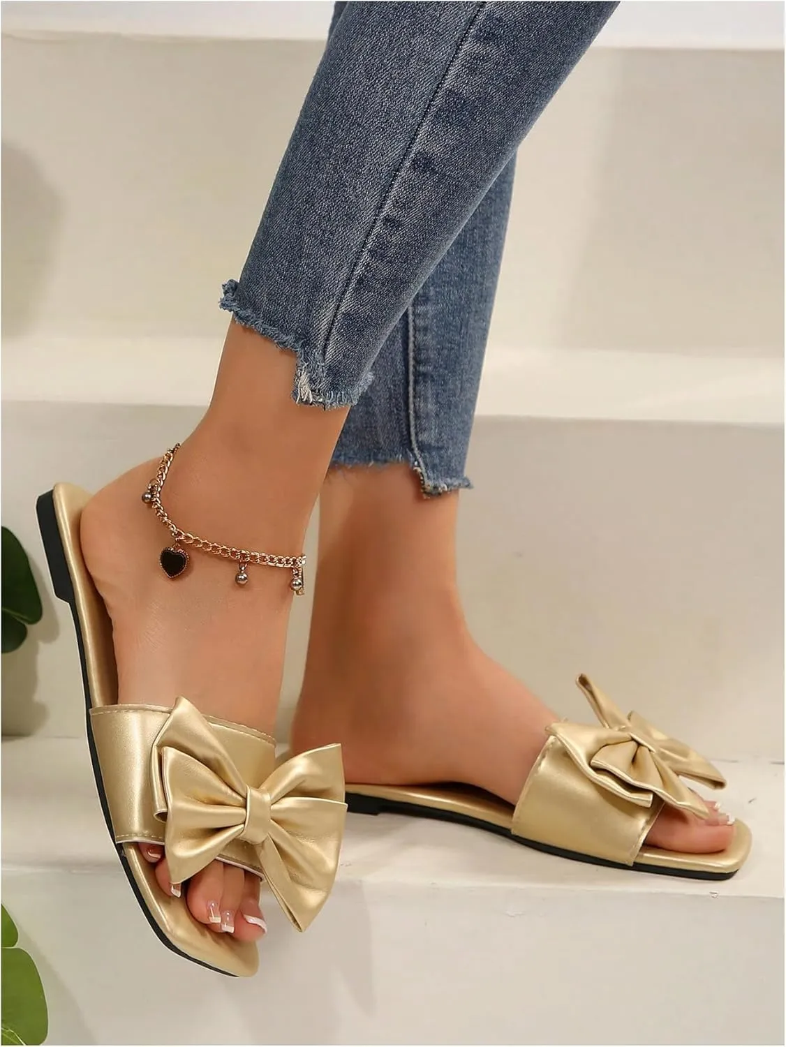 GORGLITTER Women's Bow Metallic Flat Sandals Slip On Square Open Toe PU Leather Slide Sandals