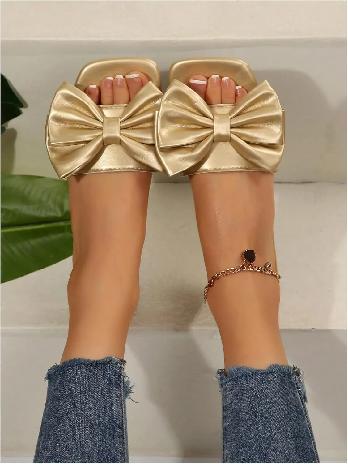 GORGLITTER Women's Bow Metallic Flat Sandals Slip On Square Open Toe PU Leather Slide Sandals