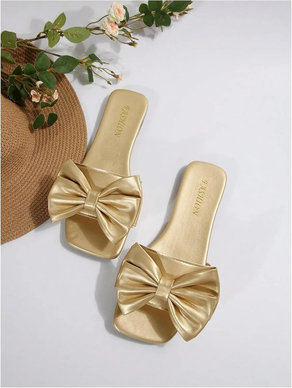 GORGLITTER Women's Bow Metallic Flat Sandals Slip On Square Open Toe PU Leather Slide Sandals