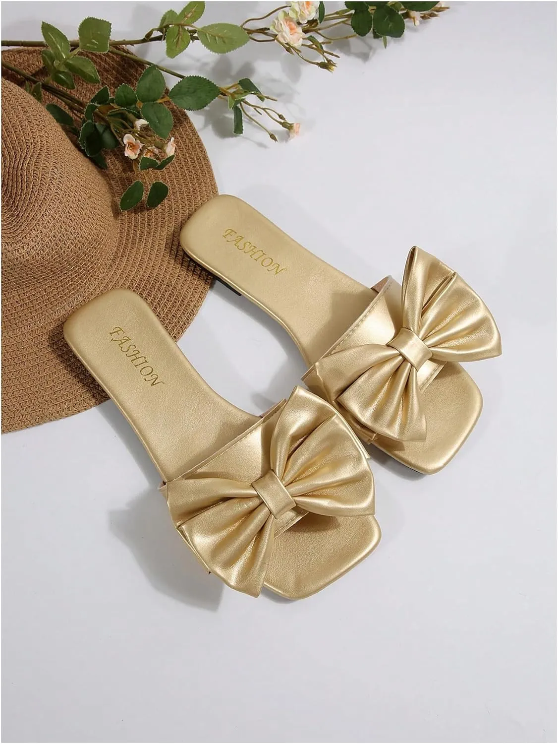 GORGLITTER Women's Bow Metallic Flat Sandals Slip On Square Open Toe PU Leather Slide Sandals