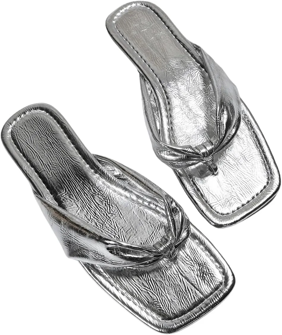 GORGLITTER Women's Flip Flops Flat Sandals Dressy Metallic Square Toe Thong Vacation Summer Weeding Slides Sandals