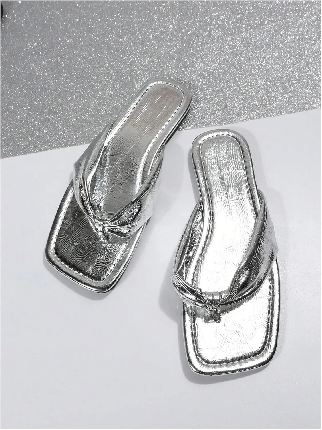 GORGLITTER Women's Flip Flops Flat Sandals Dressy Metallic Square Toe Thong Vacation Summer Weeding Slides Sandals
