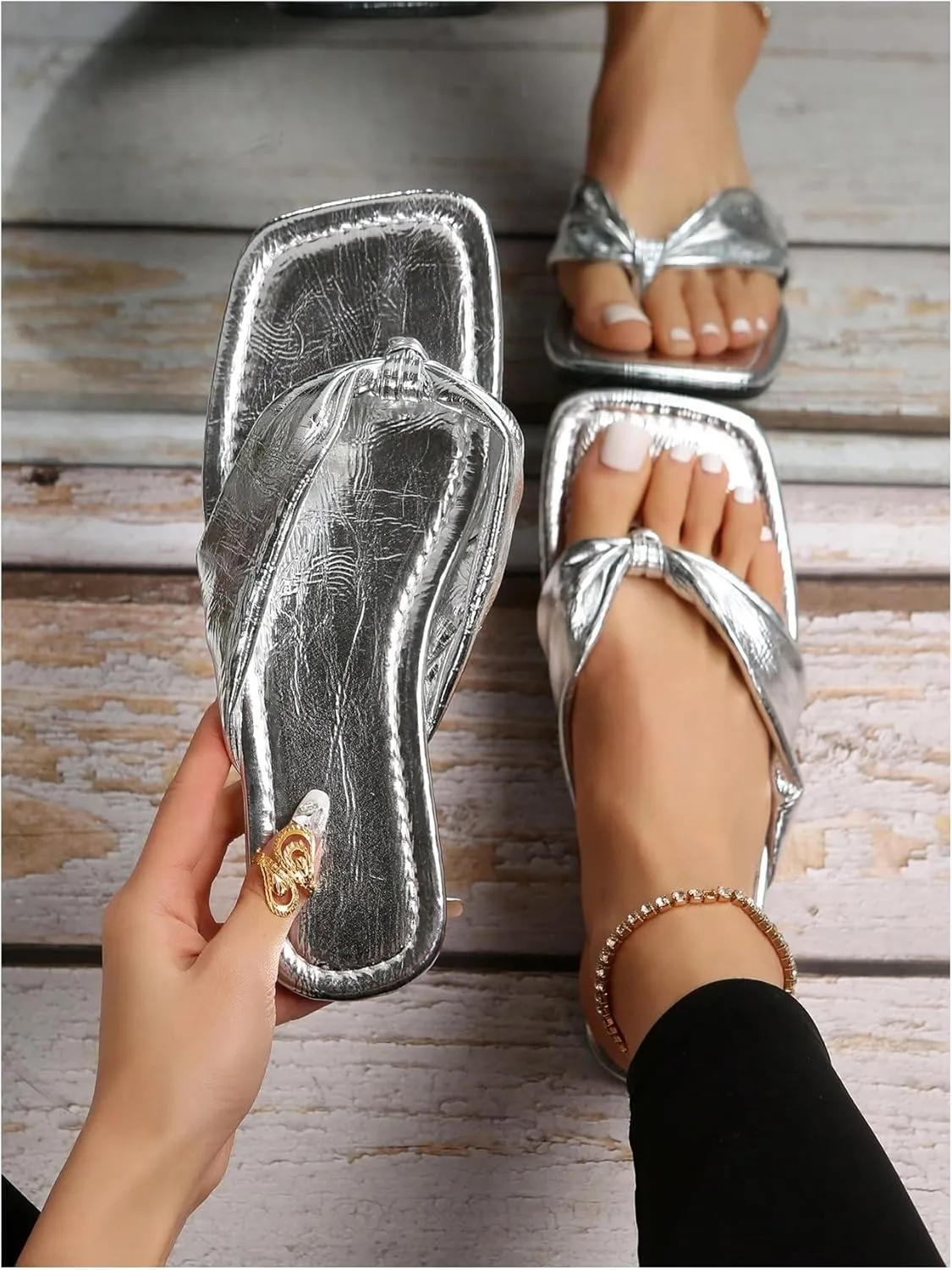 GORGLITTER Women's Flip Flops Flat Sandals Dressy Metallic Square Toe Thong Vacation Summer Weeding Slides Sandals