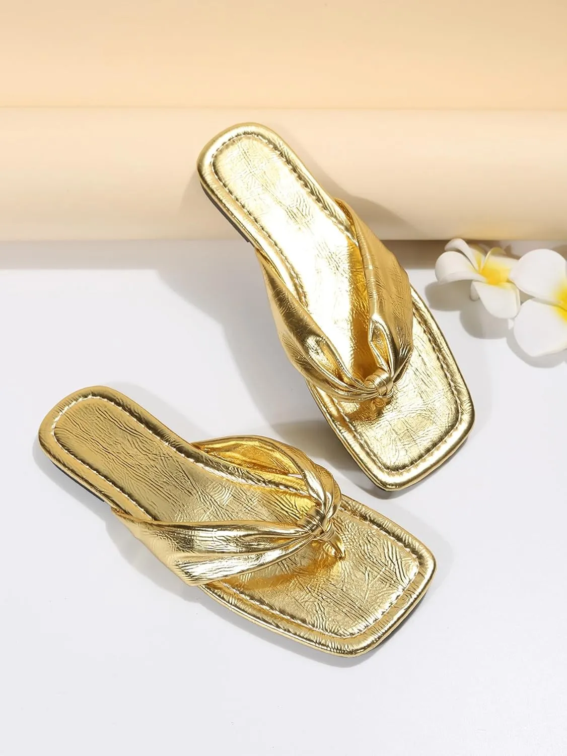GORGLITTER Women's Flip Flops Flat Sandals Dressy Metallic Square Toe Thong Vacation Summer Weeding Slides Sandals